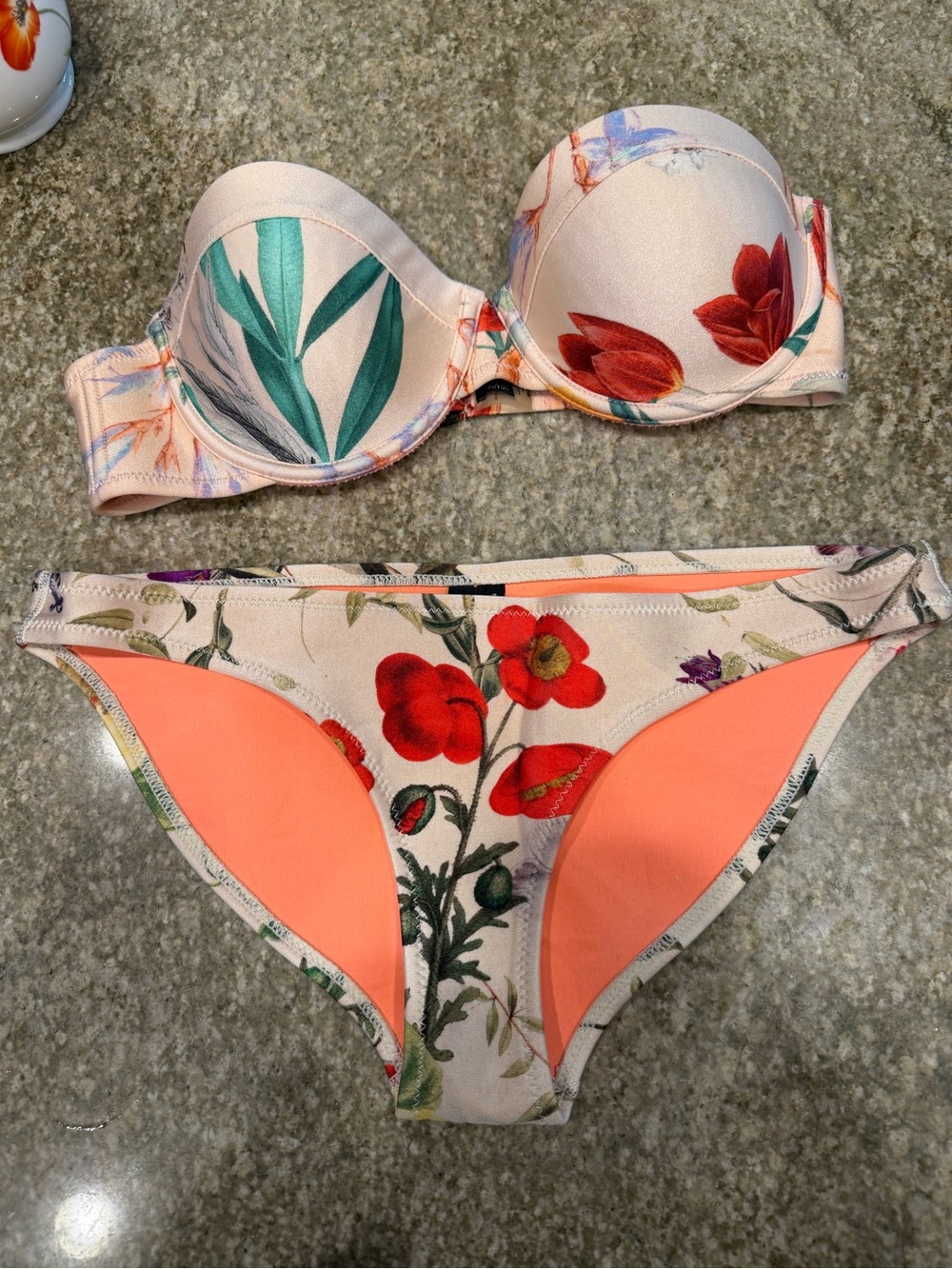 Triangl 2 piece Floral Strapless Bikini in Peach and Coral